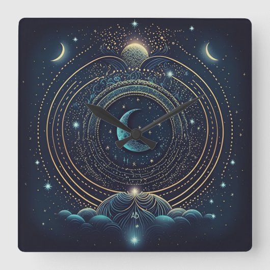 Creëer Uw eigen Blauwe & Gouden Hemelse Maan Vierkante Klok (Voorkant)