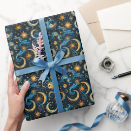 Creëer Uw Eigen Blauwe & Gouden Zon Maan & Sterren Cadeaupapier