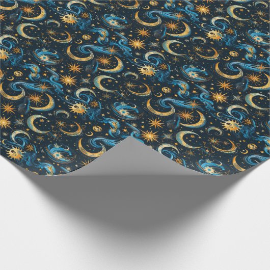 Creëer Uw Eigen Blauwe & Gouden Zon Maan & Sterren Cadeaupapier (Hoek)