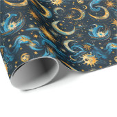 Creëer Uw Eigen Blauwe & Gouden Zon Maan & Sterren Cadeaupapier (Rol Hoek)