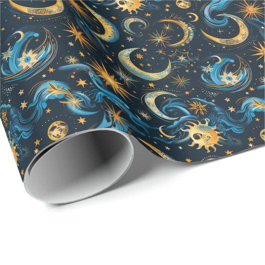 Creëer Uw Eigen Blauwe & Gouden Zon Maan & Sterren Cadeaupapier (Rol Hoek)