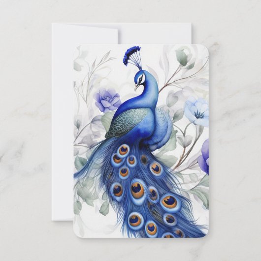 Creëer Uw eigen Blauwe Waterverf Pauw & Bloemen RSVP Kaartje (Achterkant)