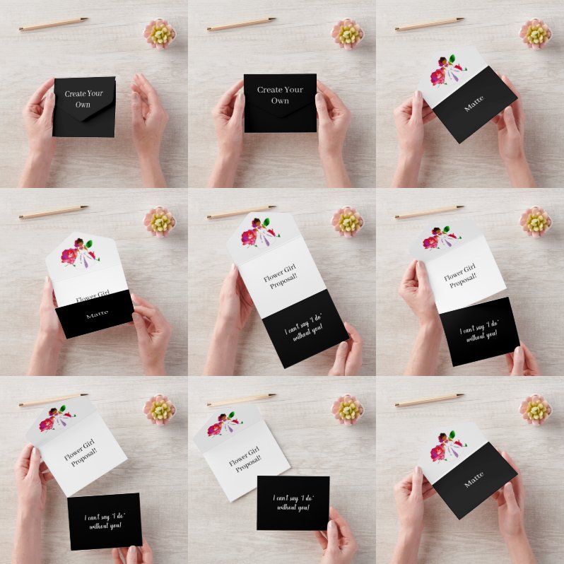 Creëer Uw eigen Bloemenmeisje-voorstel Matte Black All In One Uitnodiging