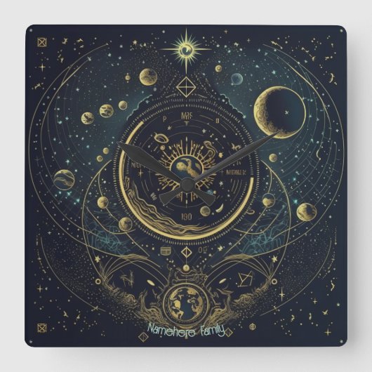 Creëer Uw eigen Blue & Gold Celestial Sky Charts Vierkante Klok (Voorkant)