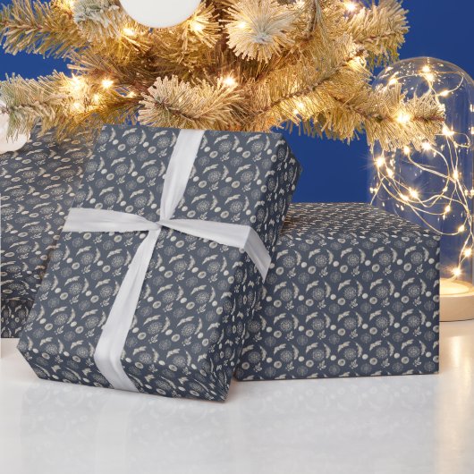 Creëer Uw eigen Blue & Gold Snowflakes & Feathers Cadeaupapier (Feestdagen)