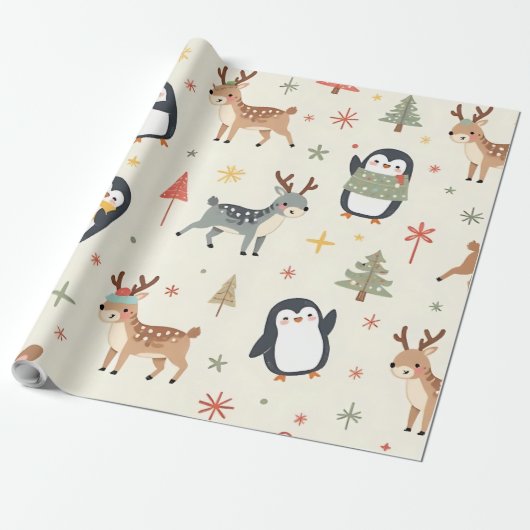 Creëer Uw eigen Boho Kerst Kawaii Dieren Cadeaupapier (Uitgerold)