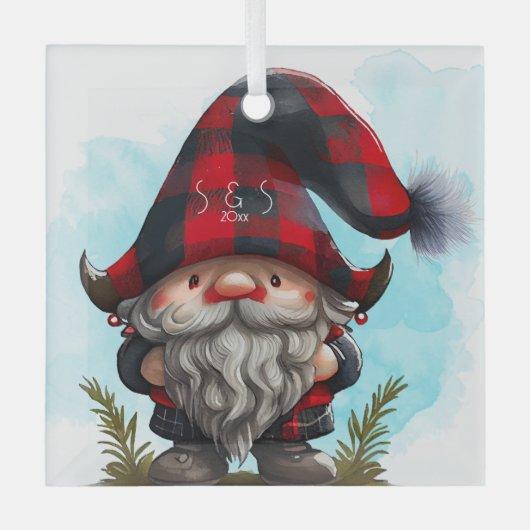 Creëer uw eigen Buffalo Plaid Christmas Gnome Glas Ornament (Voorkant)
