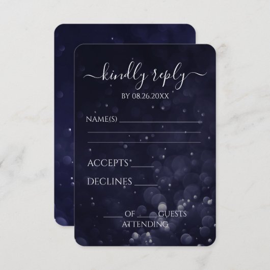 Creëer uw eigen donkere indigo blauwe bokeh watere RSVP kaartje (Voorkant / Achterkant)