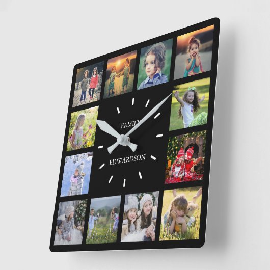 Creëer uw eigen familie collage monogram naam vierkante klok (Hoek)