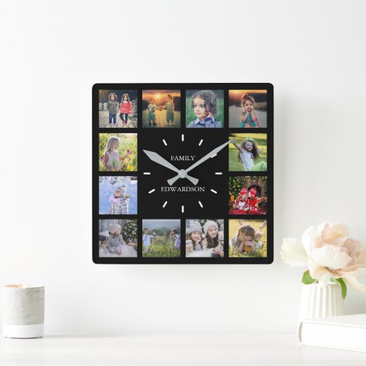 Creëer uw eigen familie collage monogram naam vierkante klok (Huis)