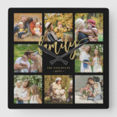 Creëer uw eigen familie foto collage gouden script vierkante klok (Voorkant)