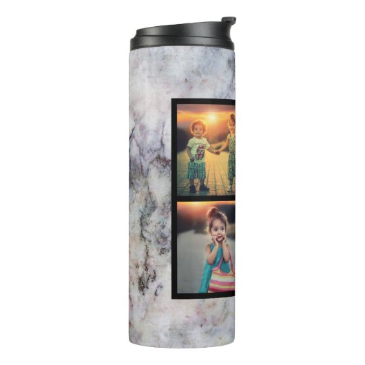 Creëer uw eigen familie foto collage grijs marmer thermosbeker (Gedraaid links)