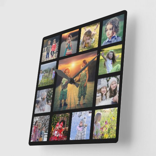 Creëer Uw eigen familie fotocollage zwart vierkant Vierkante Klok (Hoek)