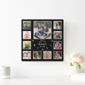 Creëer Uw eigen familienaam Foto Collage Black Vierkante Klok (Huis)