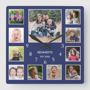 Creëer Uw eigen familienaam Foto Collage Blue Vierkante Klok
