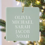 Creëer uw eigen familienamen Monogram Keramisch Ornament<br><div class="desc">Creëer uw eigen gepersonaliseerde kerstversiering met uw familienamen in moderne minimalistische typografie op saliegroene achtergrond. Achterzijde met Merry Christmas of aangepaste tekst in elegante kalligrafie naast naam en jaar.</div>