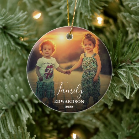 Creëer uw eigen feestdagen familiefoto keramisch ornament (Boom)