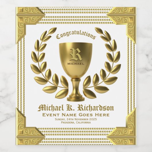 Creëer Uw Eigen Golden Cup Laurel Wreath Monogram Wijn Etiket (Enkel label)