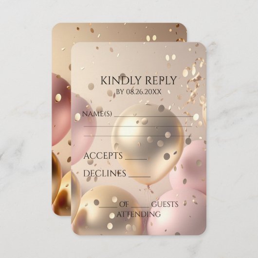 Creëer uw eigen gouden en roze ballonnen RSVP kaartje (Voorkant / Achterkant)