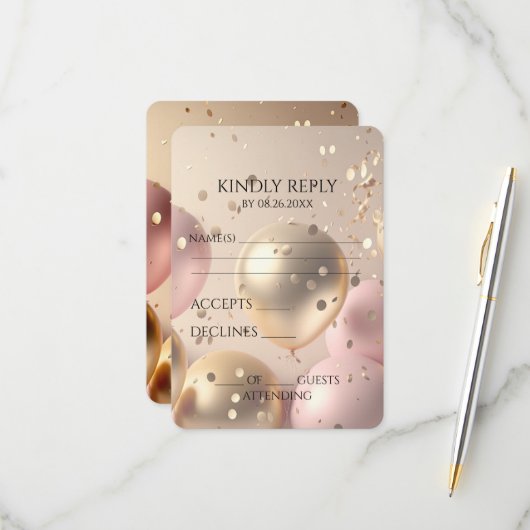 Creëer uw eigen gouden en roze ballonnen RSVP kaartje (Voorkant / Achterkant in situ)