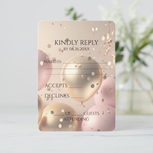 Creëer uw eigen gouden en roze ballonnen RSVP kaartje (Staand voorkant)