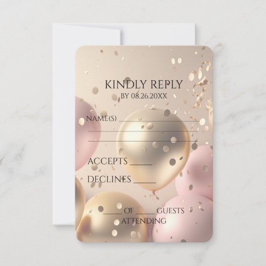 Creëer uw eigen gouden en roze ballonnen RSVP kaartje (Voorkant)