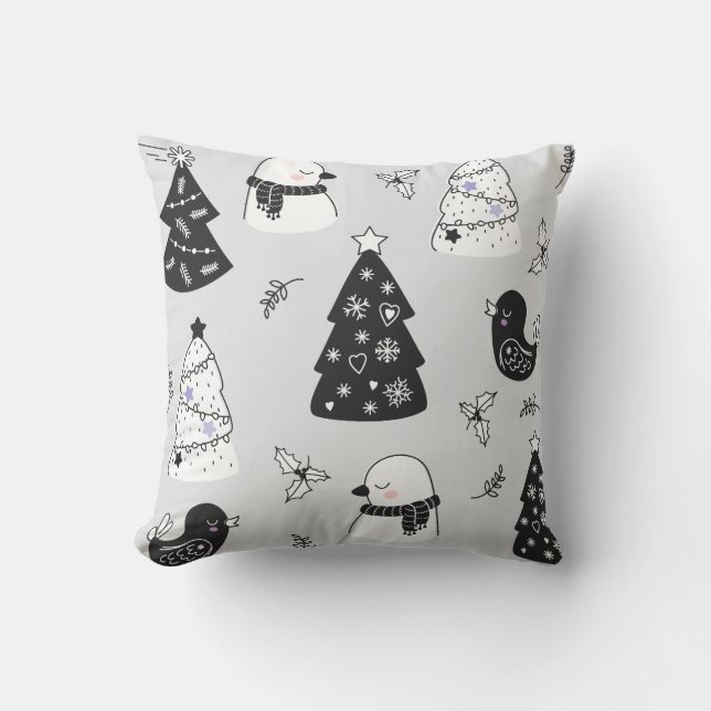 Creëer Uw eigen grijze kerstbomen en vogels Kussen (Voorkant)