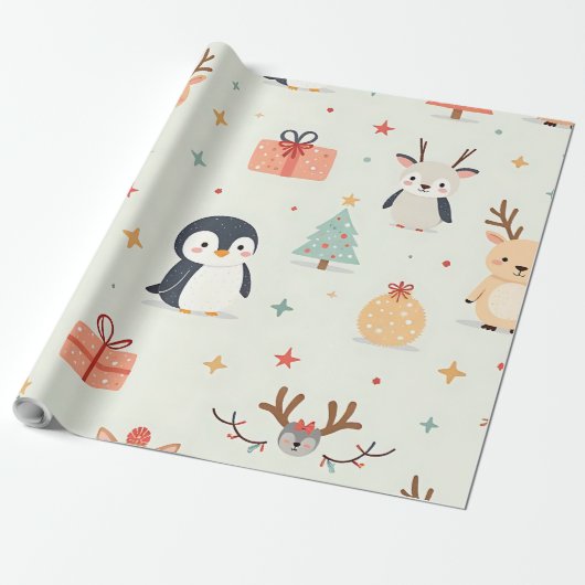 Creëer uw eigen groene Kawaii kerstdieren Cadeaupapier (Uitgerold)