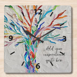 Creëer Uw eigen Inspirerend boodschap Vierkante Klok<br><div class="desc">Deze unieke wandklok is versierd met een regenboogkleurige mozaïekontwerp. U kunt uw gekozen inspirerend offerte of bericht toevoegen om deze te personaliseren. U kunt het lettertype,  de tekengrootte en de kleur van het lettertype bewerken. Origineel mozaïek © Michele Davies.</div>