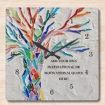 Creëer uw eigen Inspirerend/Motivatie citaat Vierkante Klok<br><div class="desc">Deze unieke wandklok is voorzien van een kleurrijke mozaïekboom van het leven. Voeg uw gekozen prijsopgave toe om deze aan te passen. Klik op Aanpassen om het lettertype,  de tekengrootte en de tekenkleur te bewerken. Originele mozaïek © Michele Davies.</div>
