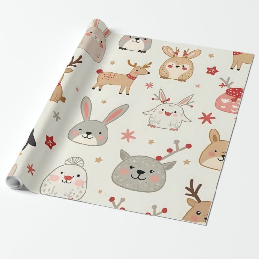 Creëer uw eigen Kawaii kerstdieren Cadeaupapier (Uitgerold)