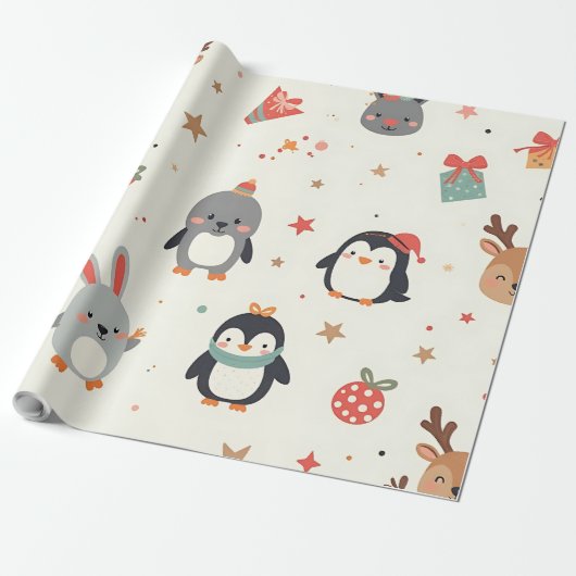 Creëer uw eigen Kawaii kerstdieren Cadeaupapier (Uitgerold)