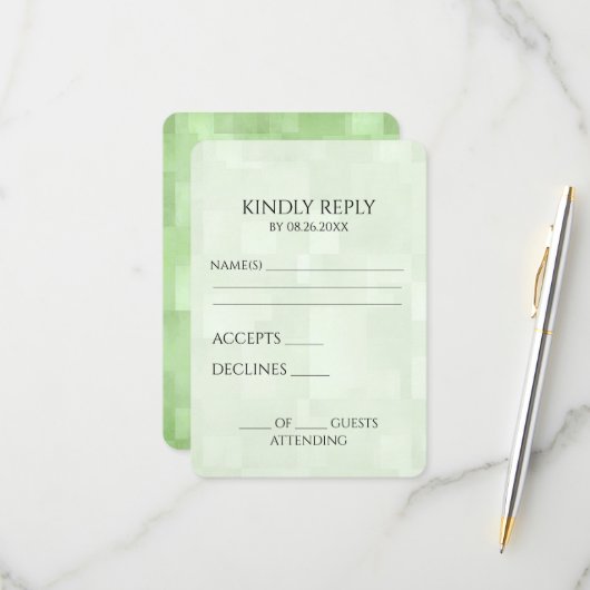 Creëer uw eigen lichtgroene vierkantjes textuur RSVP kaartje (Voorkant / Achterkant in situ)