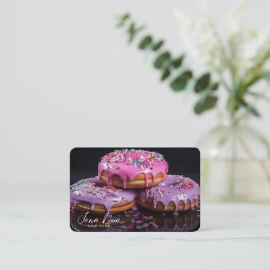 Creëer Uw eigen roze & Paarse Sprinkle Donuts Visitekaartje (Staand voorkant)
