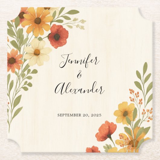 Creëer uw eigen rustieke waterverf bloemenbruiloft kartonnen onderzetters (Voorkant)