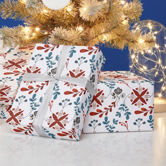 Creëer uw eigen Scandinavische rode en blauwe bloe Cadeaupapier (Feestdagen)