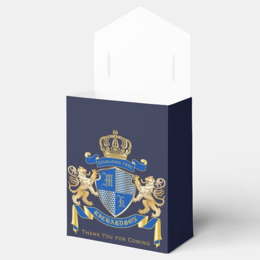 Creëer uw eigen wapenkat blauw goudleeuwen bedankdoosjes (Geopend)