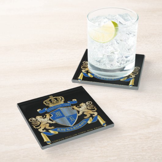 Creëer uw eigen wapenkat blauw goudleeuwen glazen onderzetter (Schuin)