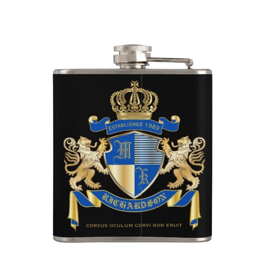 Creëer uw eigen wapenkat blauw goudleeuwen heupfles (Achterkant)