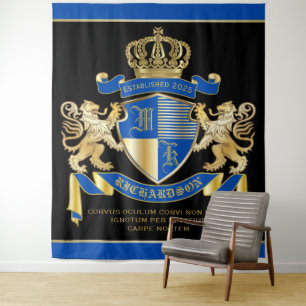 Creëer uw eigen wapenkat blauw goudleeuwen wandkleed