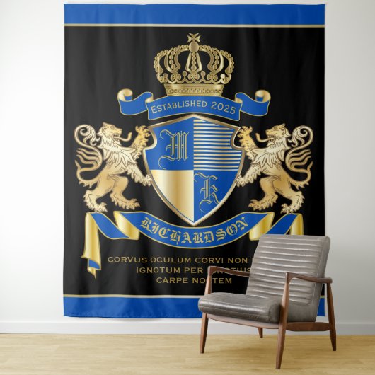 Creëer uw eigen wapenkat blauw goudleeuwen wandkleed (In situ)