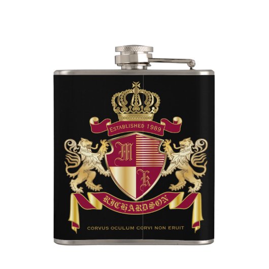 Creëer Uw eigen wapenschild Red Gold Lion Emblem Heupfles (Achterkant)