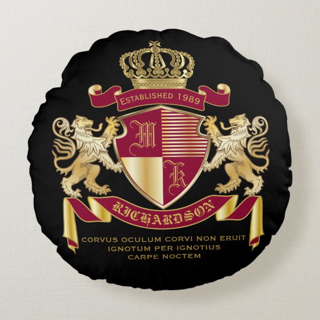 Creëer Uw eigen wapenschild Red Gold Lion Emblem Rond Kussen (Voorkant)