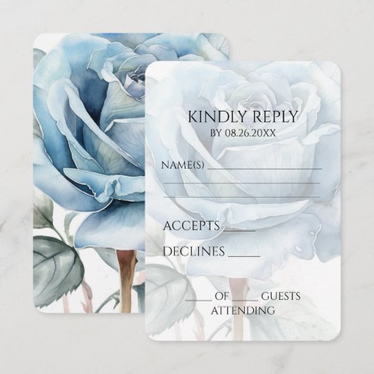 Creëer uw eigen zacht blauw Waterverf Roos RSVP Kaartje (Voorkant / Achterkant)