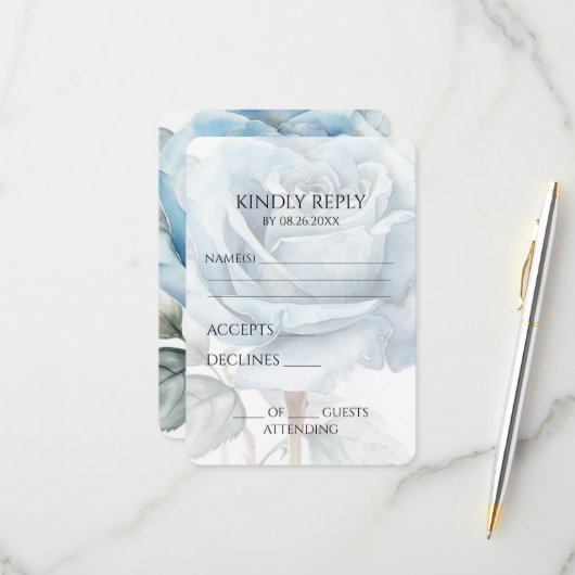 Creëer uw eigen zacht blauw Waterverf Roos RSVP Kaartje (Voorkant / Achterkant in situ)