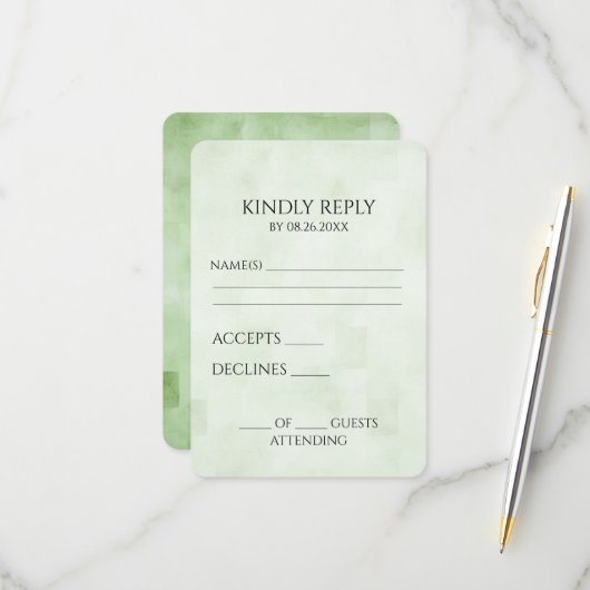 Creëer uw eigen zachte groene vierkantjes textuur RSVP kaartje (Voorkant / Achterkant in situ)