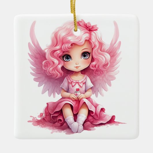 Creëer Uw eigen zoete roze kerstengel Keramisch Ornament (Voorkant)