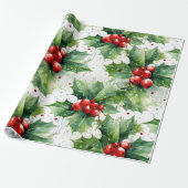 Creëer Uw Elegante Red Holly & Raindrops Cadeaupapier (Uitgerold)