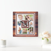 Creëer Uw Foto Collage Rustic Wood Monogram Vierkante Klok (Huis)