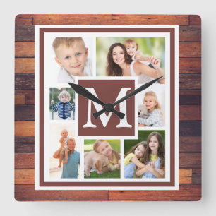Creëer Uw Foto Collage Rustic Wood Monogram Vierkante Klok